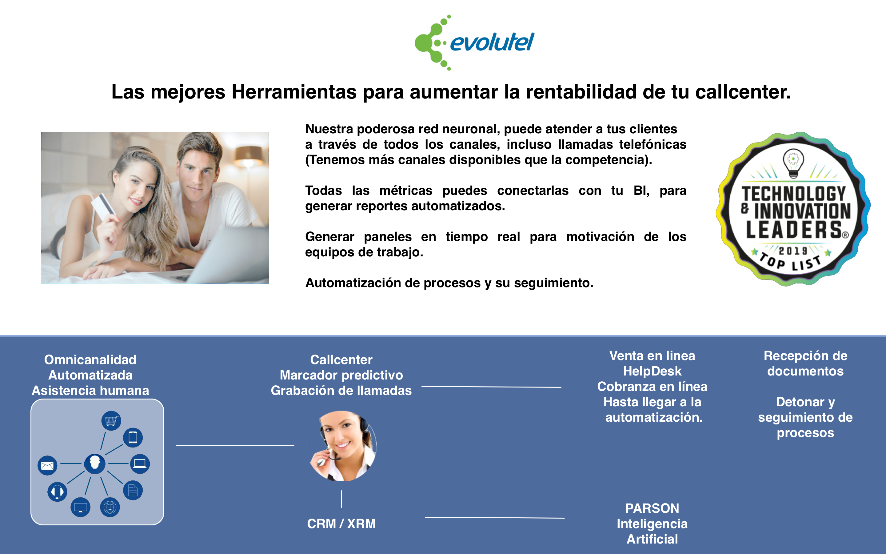 Las mejores Herramientas para aumentar la rentabilidad de tu callcenter.Nuestra poderosa red neuronal, puede atender a tus clientes
a través de todos los canales, incluso llamadas telefónicas  (Tenemos más canales disponibles que la competencia).

Todas las métricas puedes conectarlas con tu BI, para generar reportes automatizados.

Generar paneles en tiempo real para motivación de los equipos de trabajo.

Automatización de procesos y su seguimiento. Ecommerce , Helpdesk, cobranza, automatización, recepción de documentos, seguimiento de procesos.