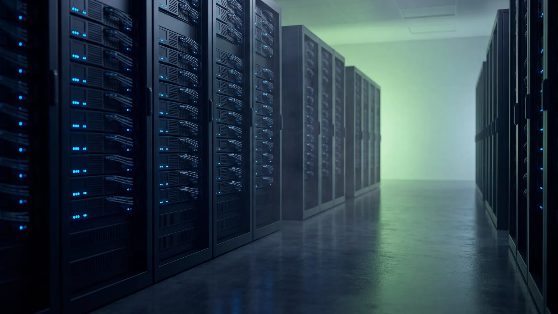Pasillo de centro de datos con racks ordenados e iluminación azul y un acento verde al fondo
